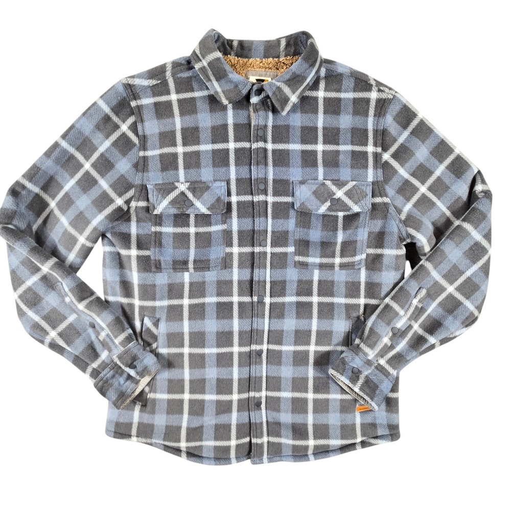 Voyager Fleece Shirt Jacket Mens Small Blue Grey Plaid Sherpa Lined Snap Front